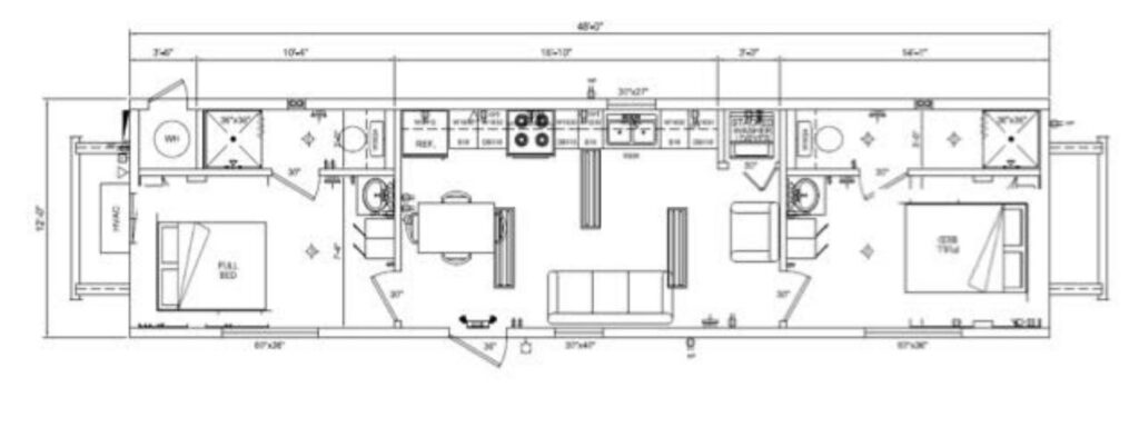 12x48 Two Bed Two Bath Center Kitchen floor plan